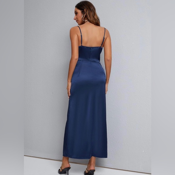 NWT Satin Drape Cowl Neck Split Cocktail Maxi Dress Size 4/6 - Picture 2 of 6